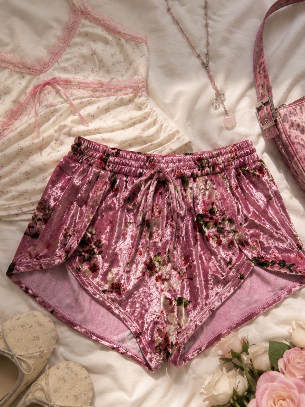 Pink Velvet Floral Dolphin Shorts Fairycore Medium Y2K